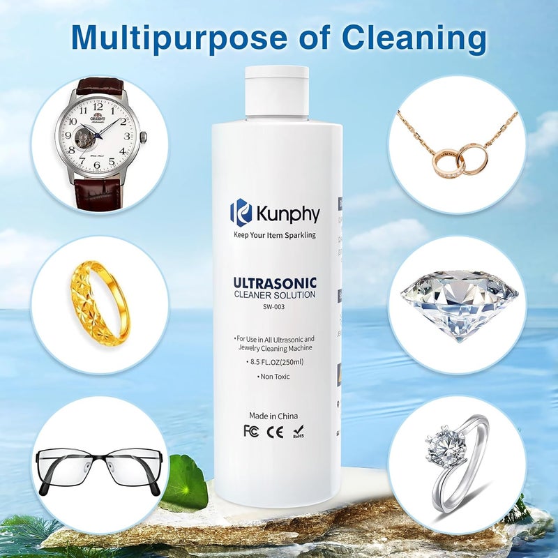 KUNPHY Sonic Jewelry Cleaner - Effective Solution for Cleaning Gold, Silver, Platinum, Diamonds, and Eyeglasses Watch, 8.5 oz (2 packs) - Image 3